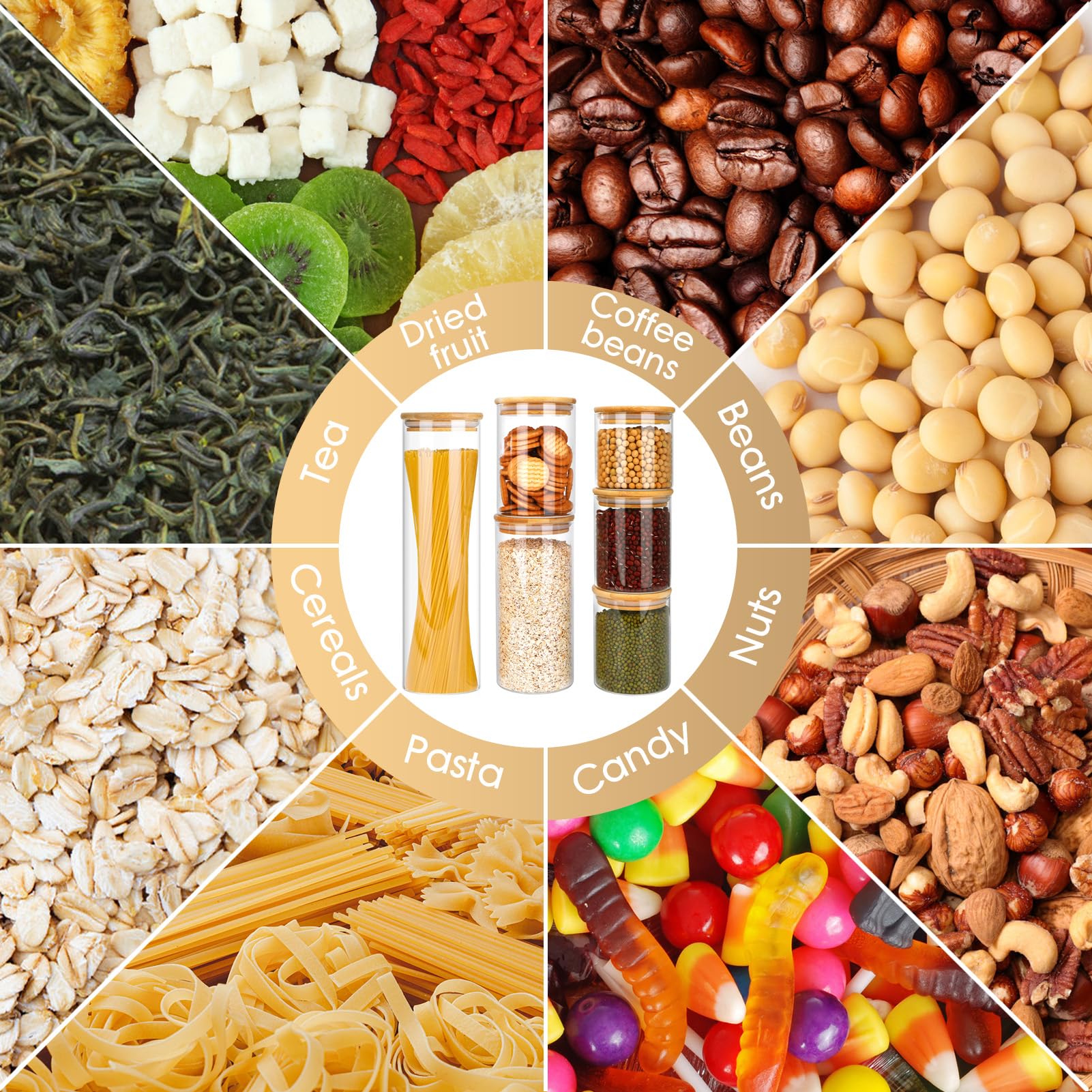 6 Bocal en Verre avec Couvercle, 1330ml/830ml/530ml/2x430ml/330ml, Bocaux en Verre Hermétique, Pot en Verre avec Couvercle en Bambou, Bocaux Rangement Cuisine pour Spaghetti, Pâtes, Céréales