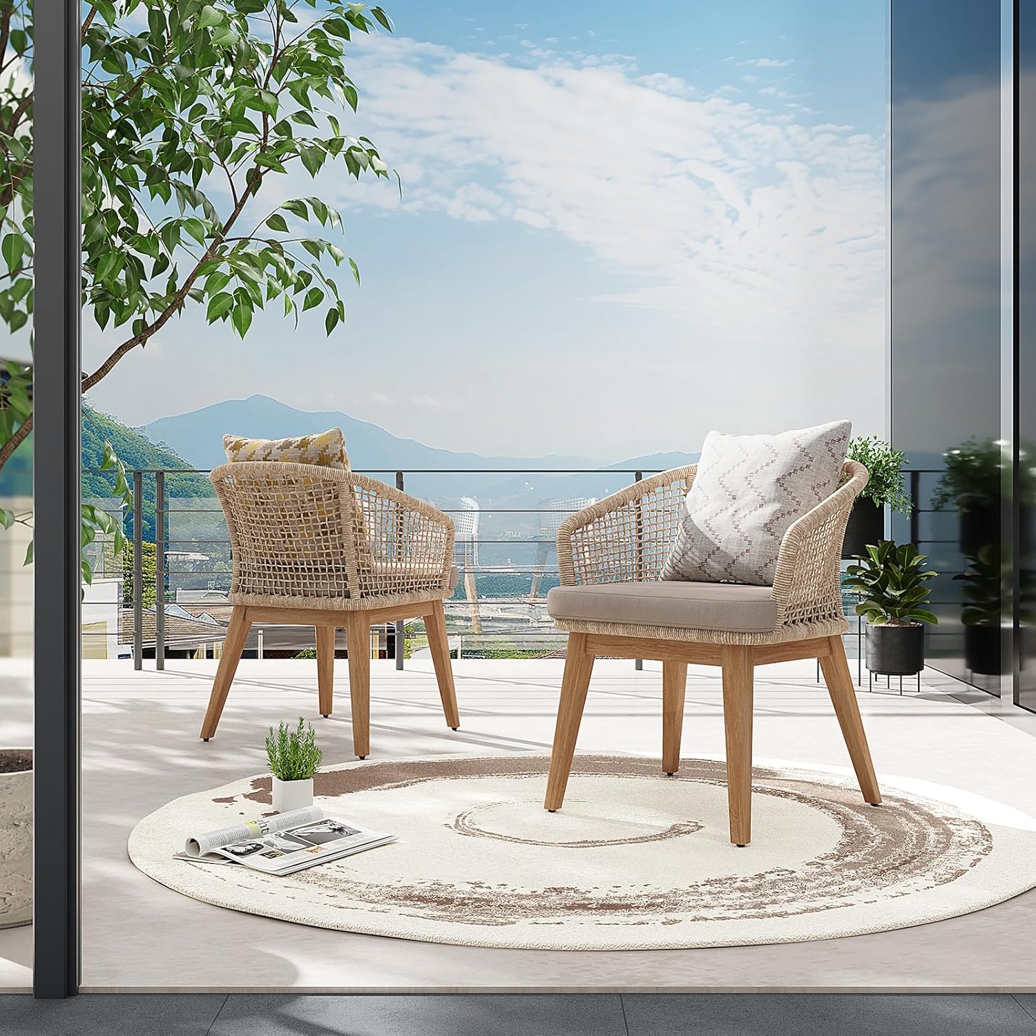OC Orange-Casual Acacia Wood Patio Chairs, Breathable Nylon Checkerboard Woven Backrest, Removable Cushions & Adjustable Feet for Porch, Garden, Backyard (Beige, 2 Pieces)