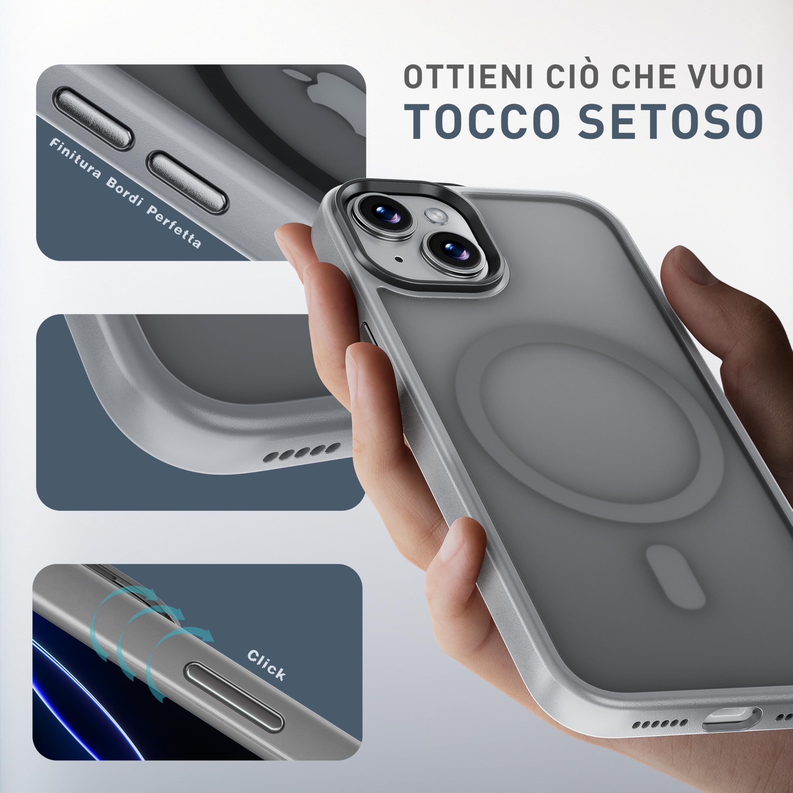 tigratigro Cover Magnetica per iPhone 15 Plus, Compatibile con MagSafe, Custodia Traslucida Opaca Posteriore Sottile Antiurto Protettiva Case, Protezione Antiurto di Grado Militare, Grigio