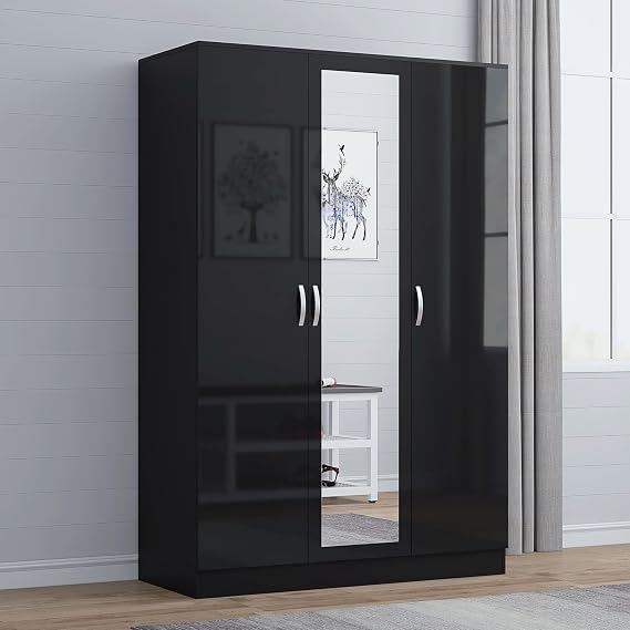 Nera Gloss Black 3 Door Wardrobe with Mirror and Shelves 180cm for Bedrooms