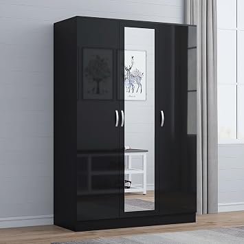 Nera Gloss Black 3 Door Wardrobe with Mirror and Shelves 180cm for Bedrooms