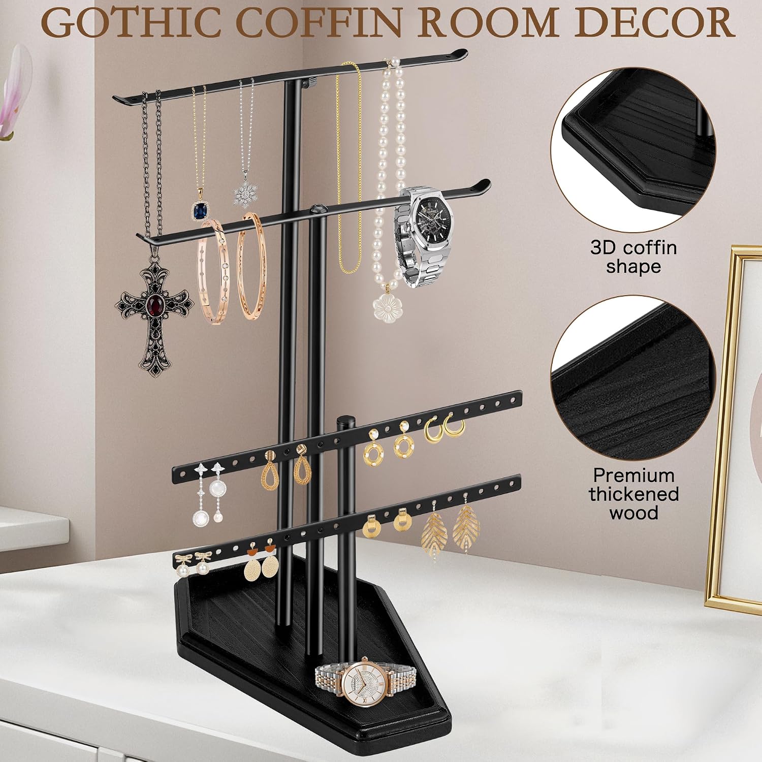 Gothic Jewelry Towers Goth Coffin Decor Earring Ring Bracelet Holder 4-Tier