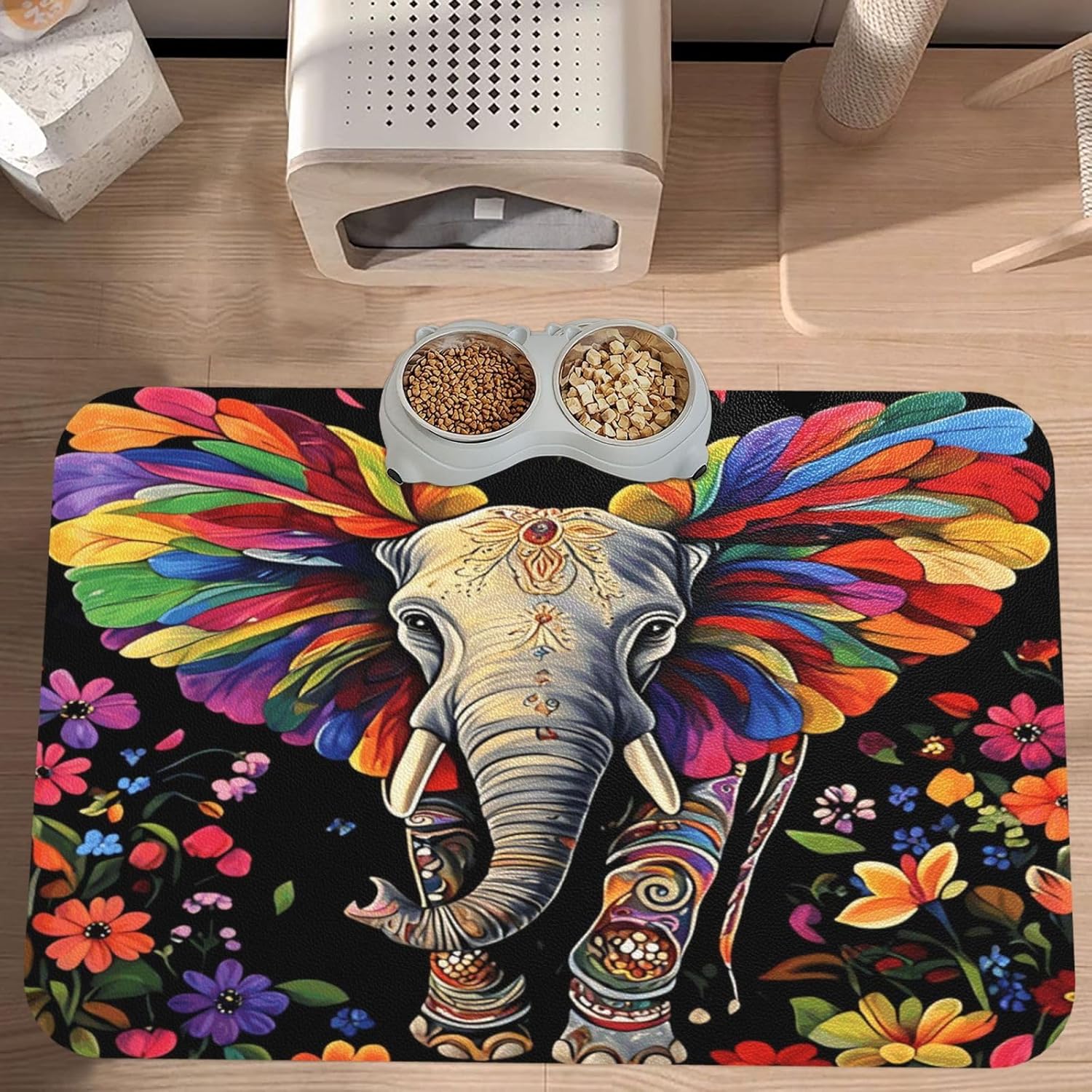 Colorful Elephant Dog Food Mat, Leather Pet Feeding Mat, Cat Mat for Food, Absorbent Pet Placemat for Indoor Outdoor Water Bowl 40x60cm
