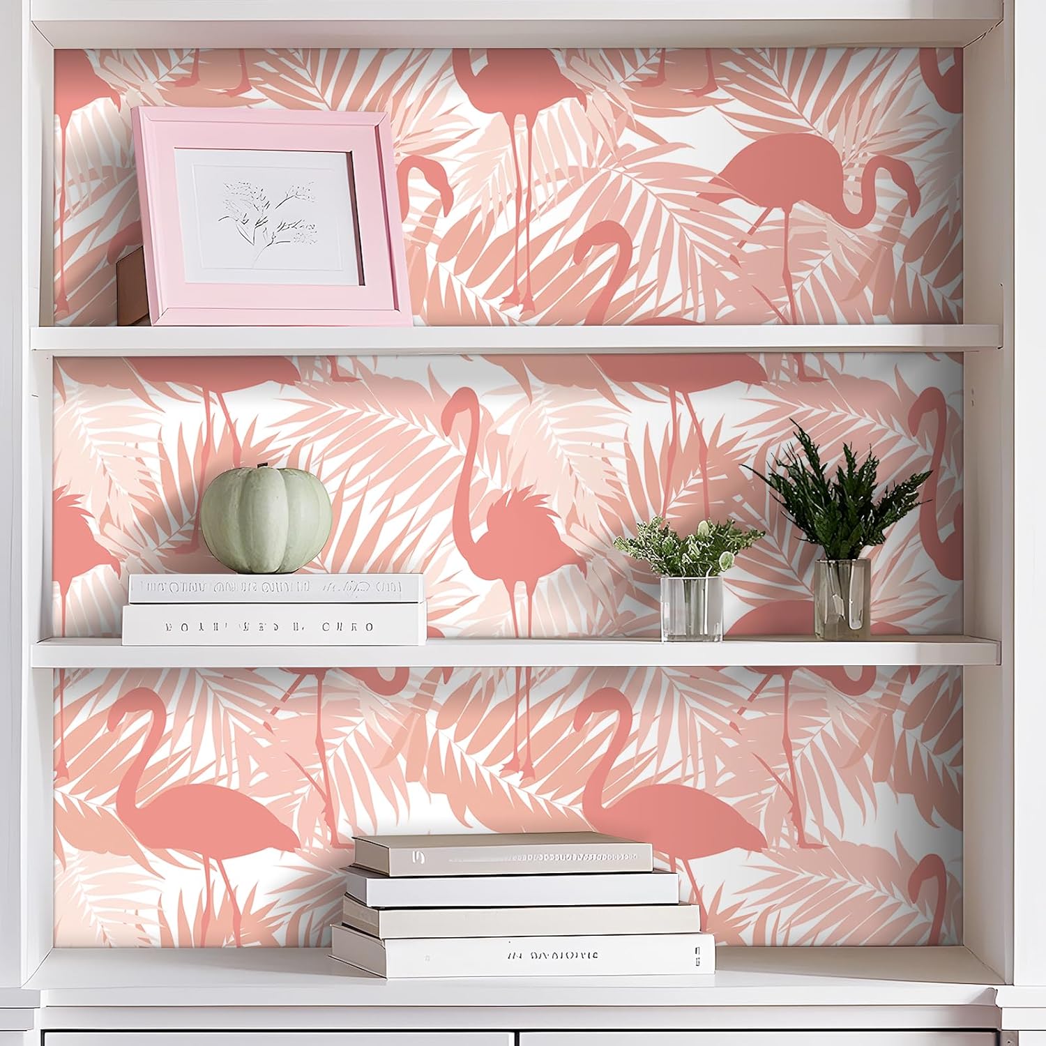 LACHEERY Pink and White Wallpaper Stick and Peel 17.5"x276" Flamingo Peel and Stick Wallpaper Pink Contact Paper for Cabinets Removable Tropical Leaf Wall Paper for Bedroom Bathroom Walls Waterproof