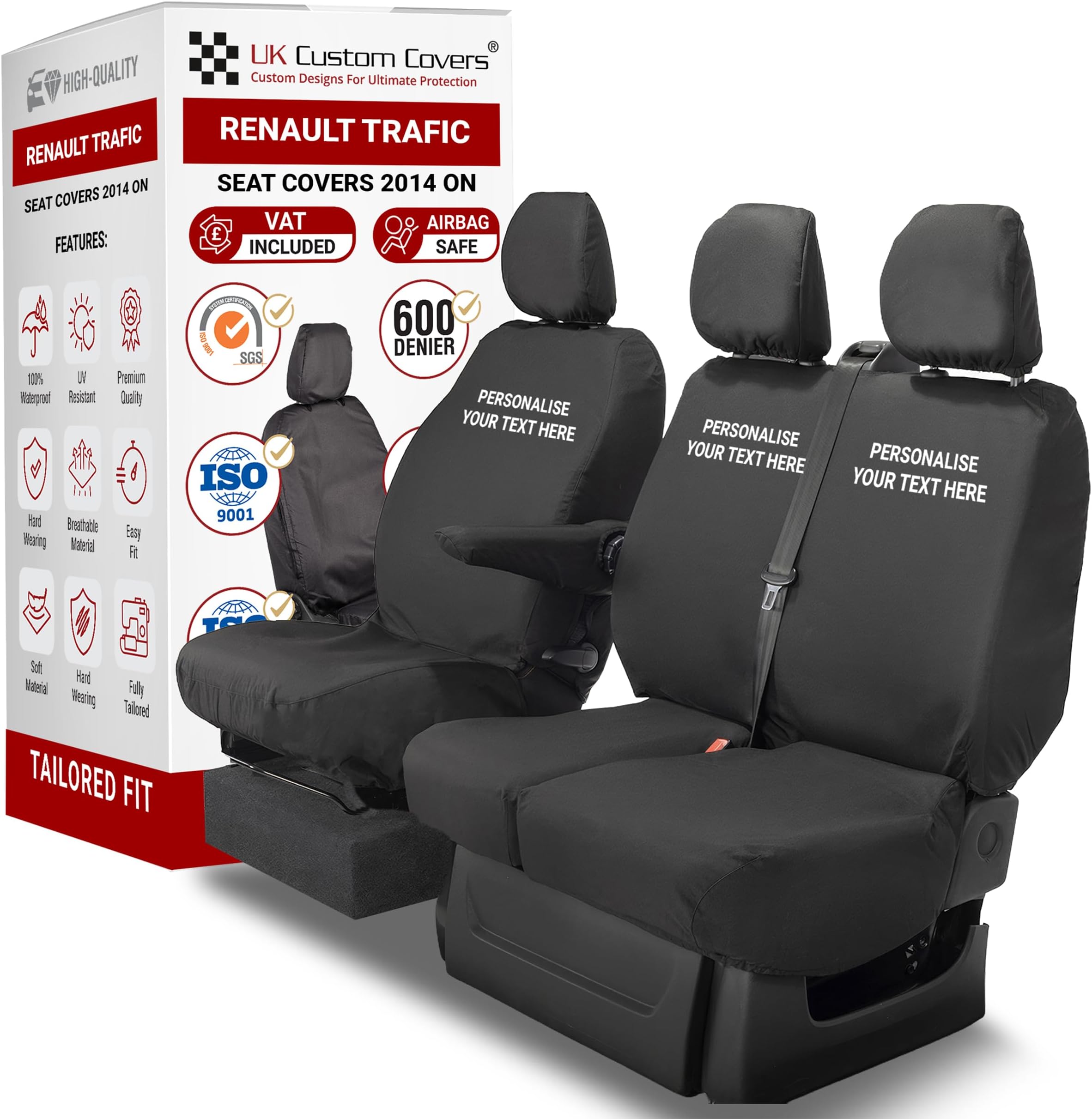 – Personalised Seat Covers to fit the Renault Trafic 2014 On Waterproof, Heavy Duty, Seat Mounted Airbag Compatible, Durable, Easy to Fit - Tailored Drivers and Split Base Double Passenger Seat Covers