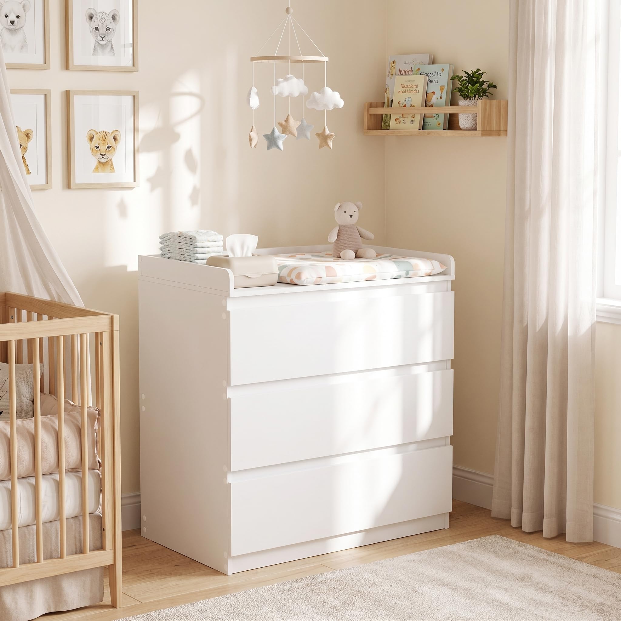 Cassettiera per fasciatoio con cassetti, bianco opaco, cassettiera con 3 cassetti e bordo di sicurezza da 5 cm, con protezione antiribaltamento, moderna cassettiera per la cameretta dei