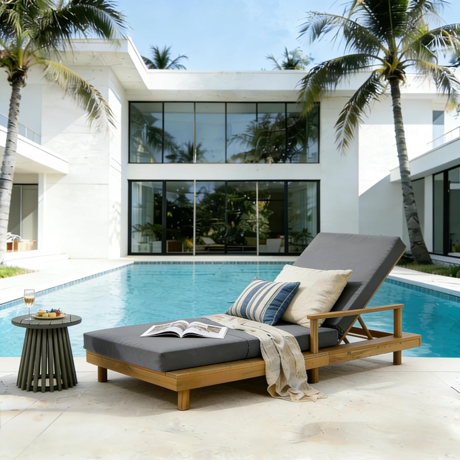 Merax Acacia Wood Outdoor Chaise Lounge Chair with 3-Position Adjustable Backrest & 4" Thick 3-Fold Removable Cushion, 76.8" L Modern Patio Sun Lounger for Garden Pool Beach Yard, Dark-Grey+Teak