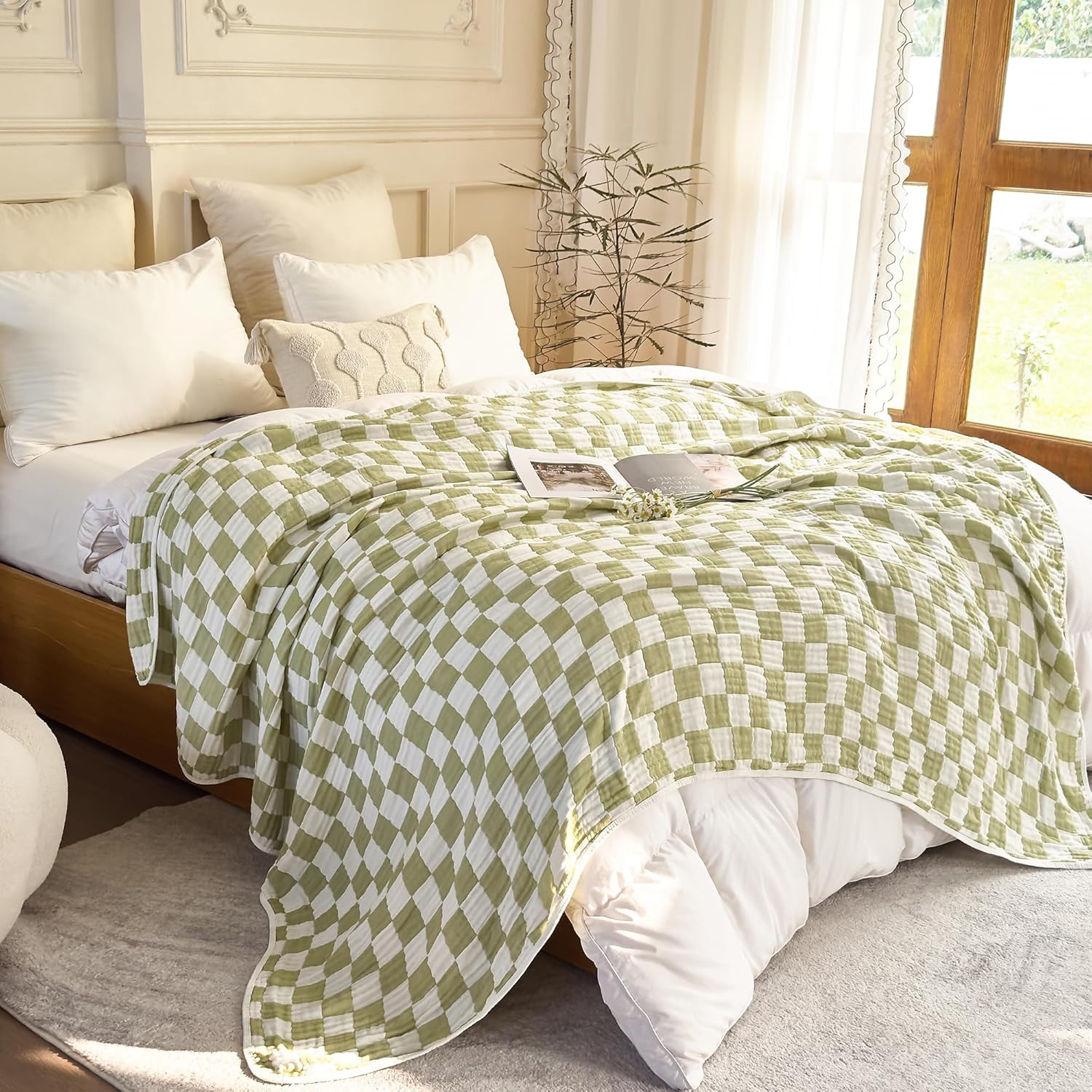 SANACYNA Muslin Throw Blanket 100% Cotton Green Grid Cooling Blanket 6-Layer Gauze Lightweight Soft Breathable Blanket for Sofa Couch Birthday Gifts for Daughter (Green Checkerboard, Throw 50"x60") - Image 4