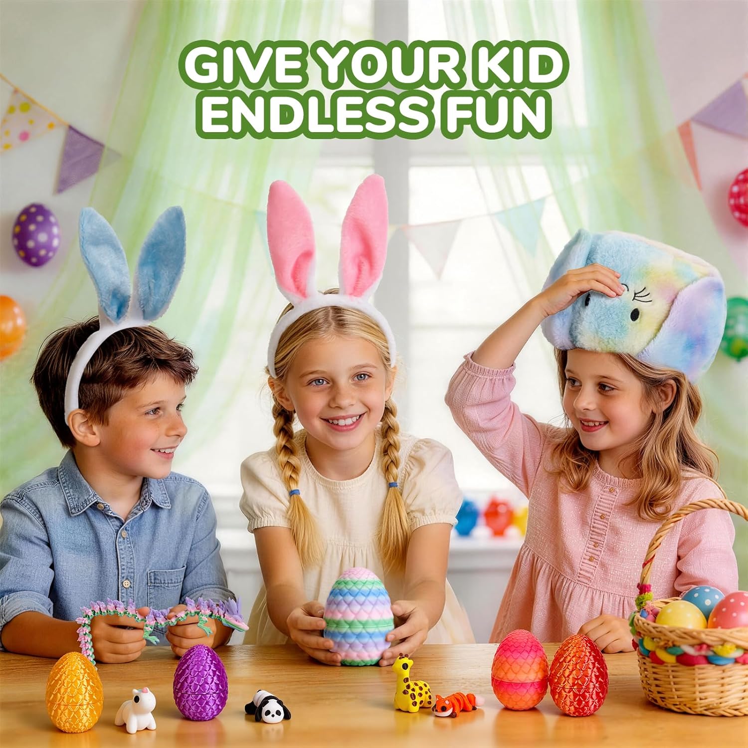 Easter Basket Playset for Kids - 20PCS Easter Bunny Basket Filled with 3D Printed Toys & Plush, Easter Eggs Hunt Bucket Bags, Complete Easter Gifts Set