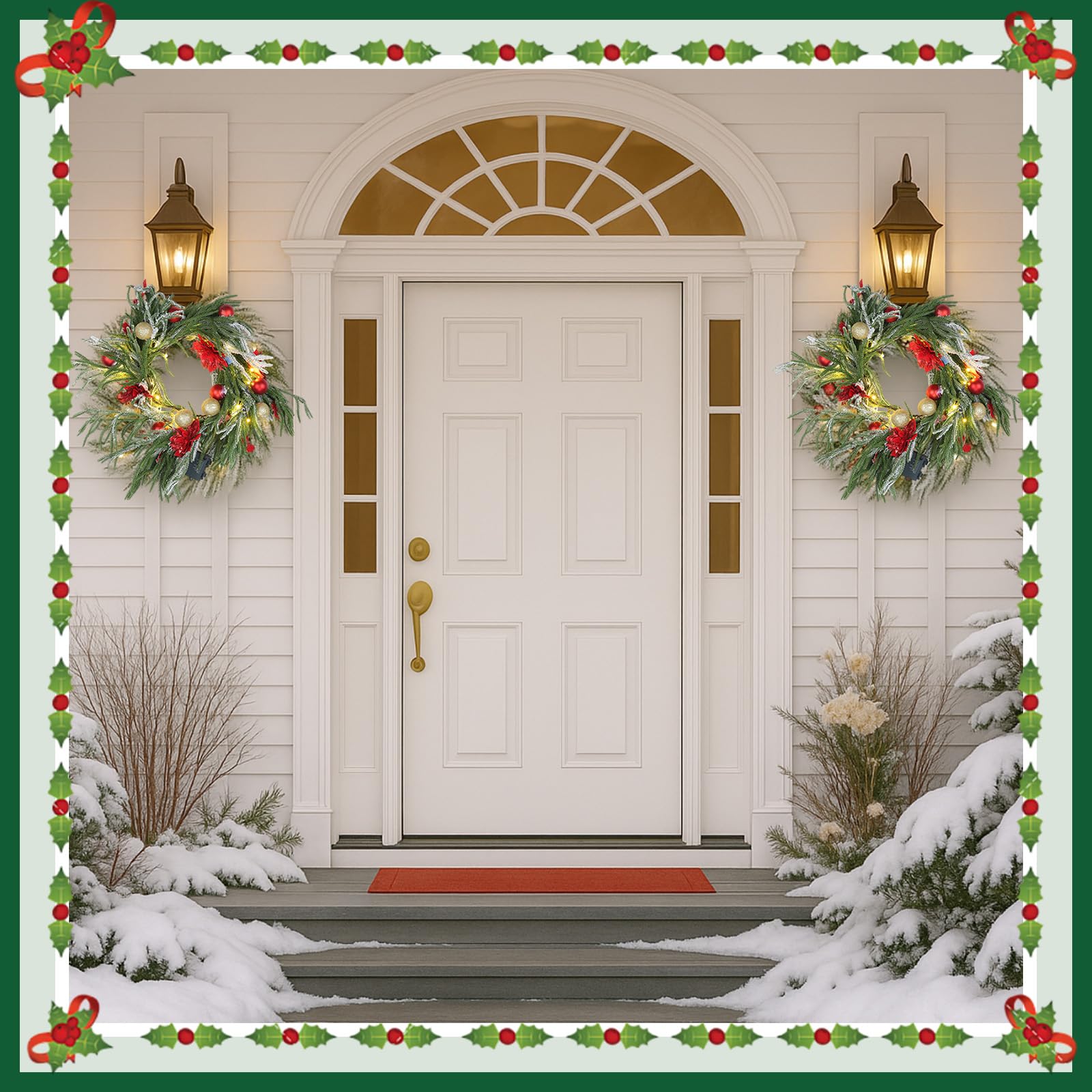 VIHOSE Guirnalda de Navidad de 6 pies con luces, superficie artificial preiluminada de Navidad con lazos rojos, flores, bolas de Navidad para chimeneas, escaleras, barandillas, hogar, Navidad