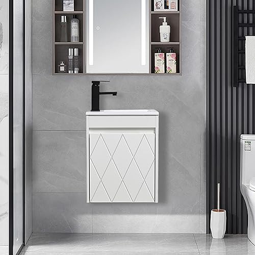 Vista 9 de Combo de lavabo de baño de 16 pulgadas para espacio pequeño, juego de gabinete de baño montado en la pared con lavabo de resina blanca, grifo negro
