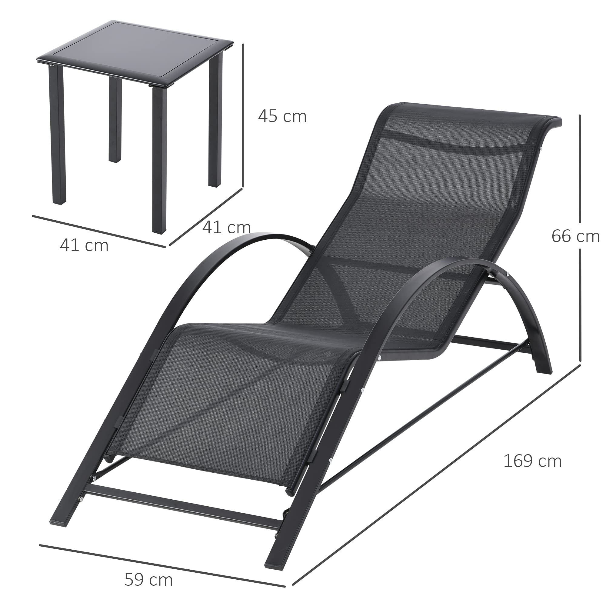 Outsunny Set de 2 Tumbonas Jardín Exterior con Mesa Auxiliar de Vidrio Templado Tumbonas con Respaldo Reposabrazos para Patio Piscina Terraza Exterior Negro