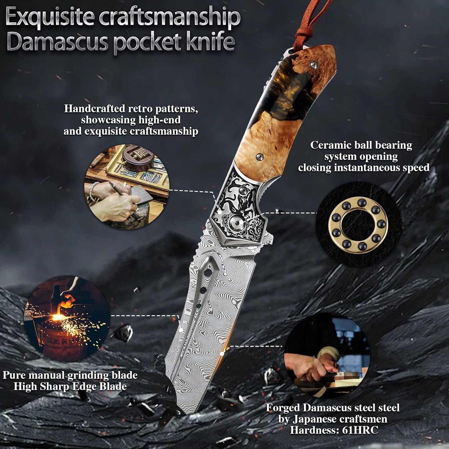 Japan Handmade Damascus steel steel Folding Pocket Knife，3.5 in High hardness blade，Frame Lock，With Leather Sheath，resin and Maple handle，Mountaineering go fishing hunting Adventure Knifee
