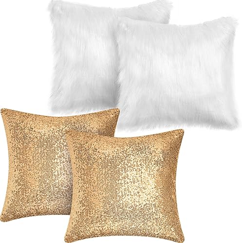 4 fundas de almohada de piel sintética de invierno con lentejuelas y esponjosas, fundas de almohada con purpurina para sofá, cama, sofá, día de