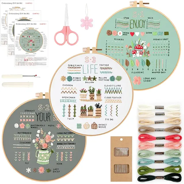 GlasFlength Embroidery Kit for Beginners with Floral Patterns - Complete DIY Arts Set