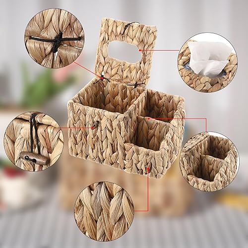 Miniatura 4 de Sumnacon Caja de pañuelos cuadrada con organizador lateral, caja de pañuelos de mimbre para baño e inodoro (jacinto de agua, natural)