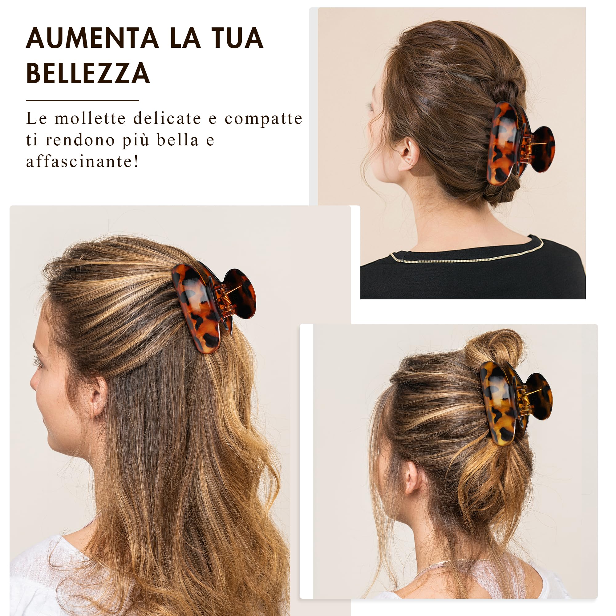 Set di 3 fermagli capelli donna, pinza capelli donna leopardato in plastica nera, fermagli per capelli da donna e ragazza 7 cm x 4 cm