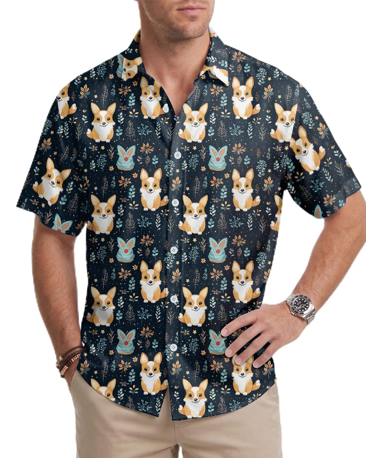 GEPOS Dog Men's Button Shirt, Tropical Dog Hawaiian Shirt for Unisex, Summer Birthday Gift for Men, Beach Men's T-Shirt, Corgi 3, M โ image 1