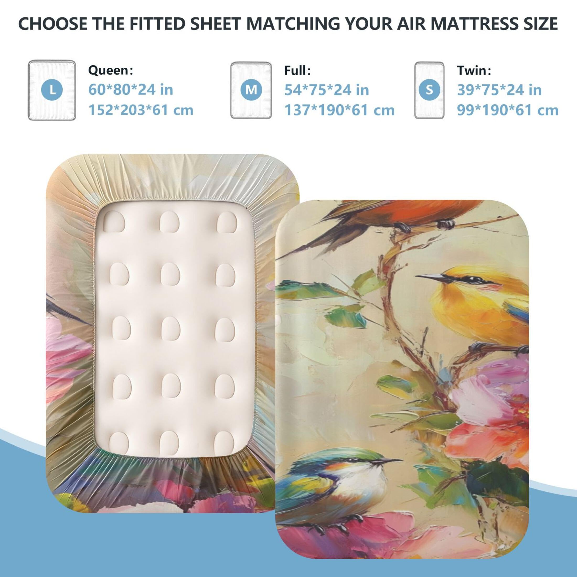 Colorful Birds - Sábana bajera ajustable individual para colchón de aire, bolsillo extra profundo de 24 pulgadas, funda suave y transpirable con apertura de válvula de cremallera para cama de