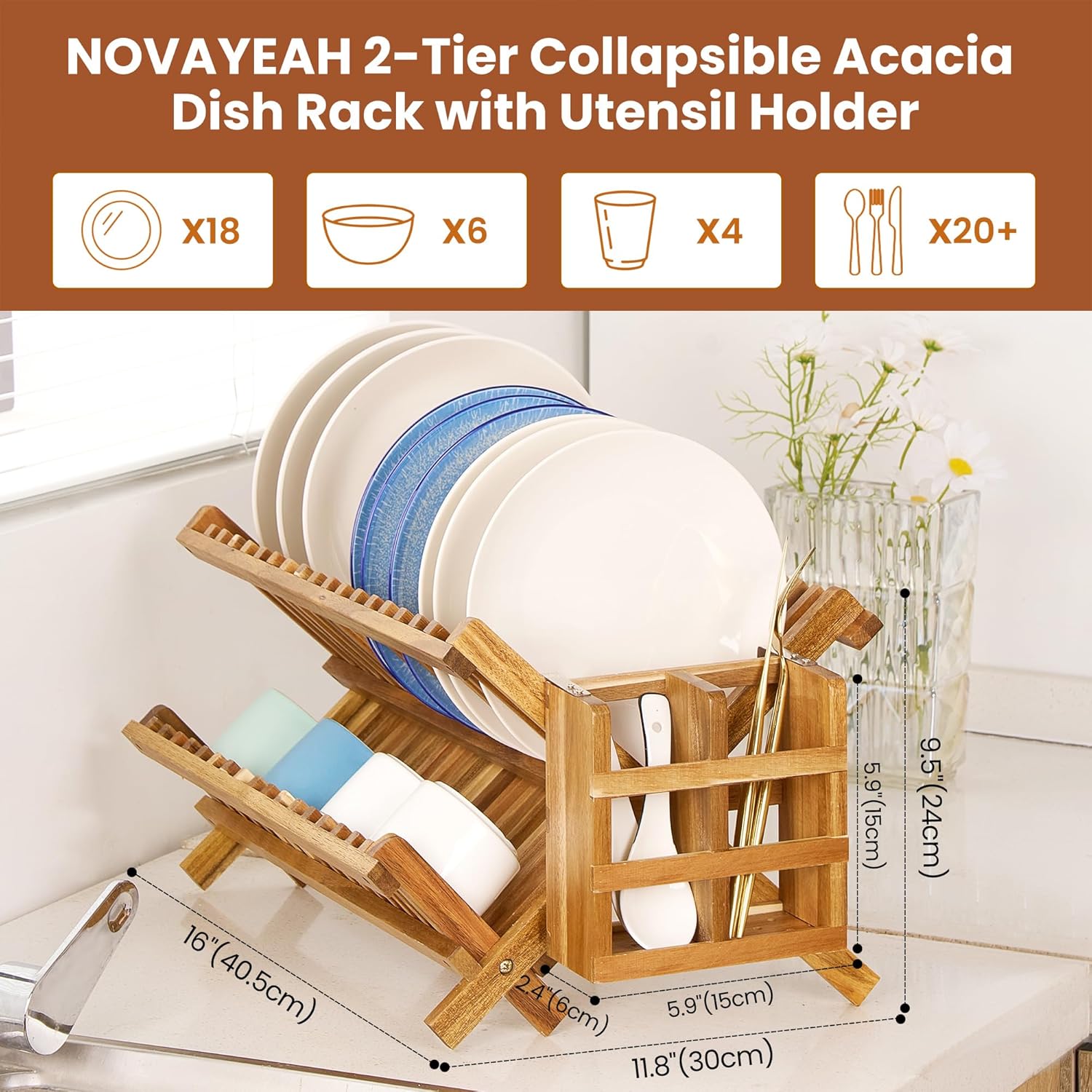 Acacia Wooden Dish Drying Rack for Kitchen Counter 2-Tier Collapsible Bmaboo Dish Drying Rack with Utensil Holder-Large Folding Dish Drainer Rack with Flatware Holder 34 pcs Grid - Image 5