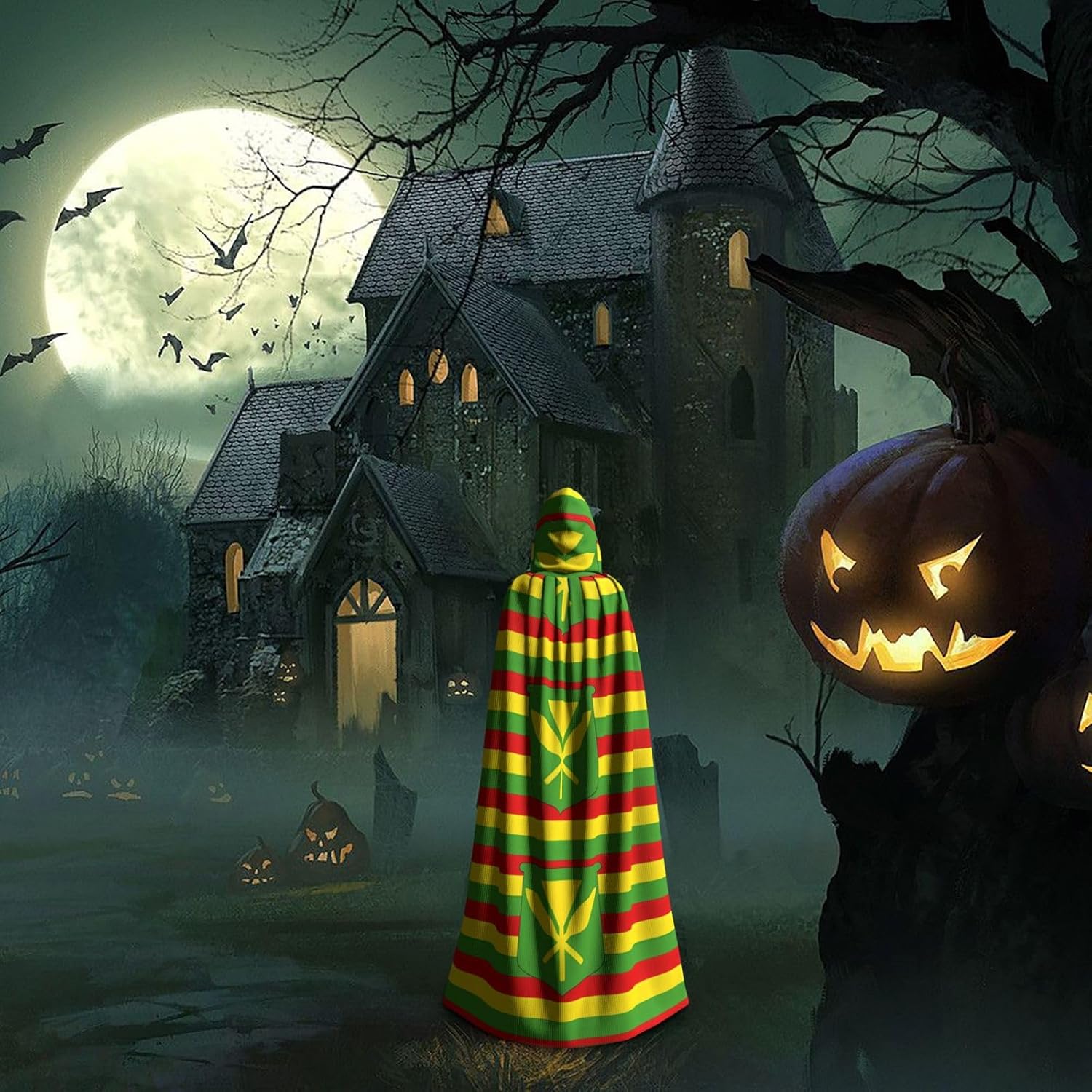 Native Hawaiian Flag Men Women Halloween Role Play Party Decoration Hooded Poncho Black