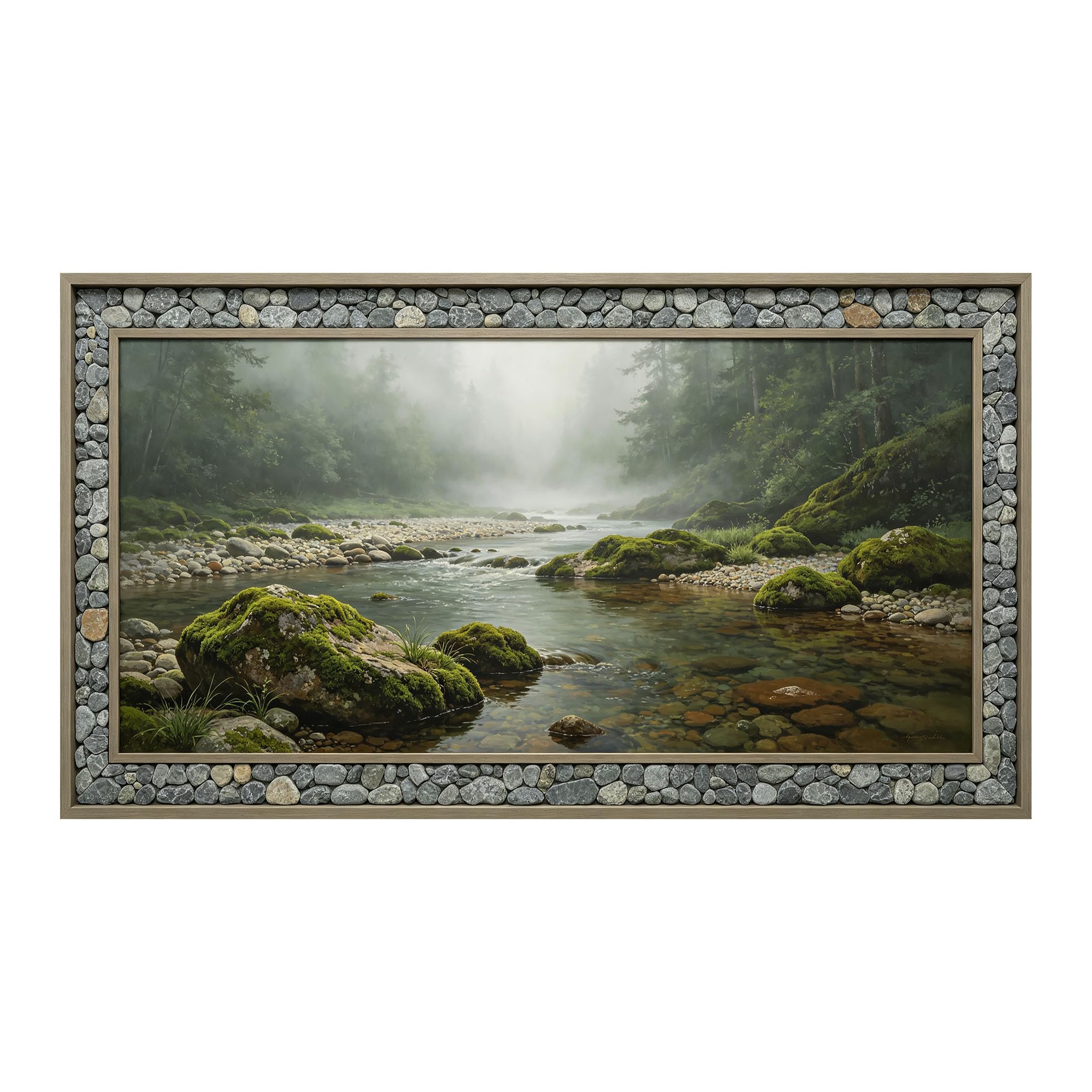 3D Framed Wall Art 50cm×100cm Misty Mountain River Waterfall Realistic Landscape Trompe L'oeil Panoramic Large Size SelfAdhesive Removable Wall Decor Prints Artwork for Living Room Bedroom Office