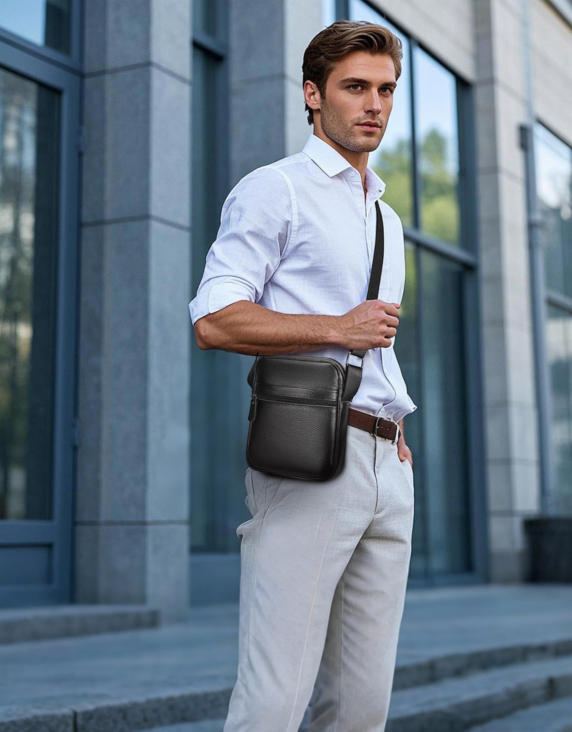 Leathario Sac à Bandoulière en Cuir Véritable pour Hommes Sac Pochettes décontractées pour les Voyages d'affaires Shopping Usage Quotidien Grande Capacité À la Mode Noir