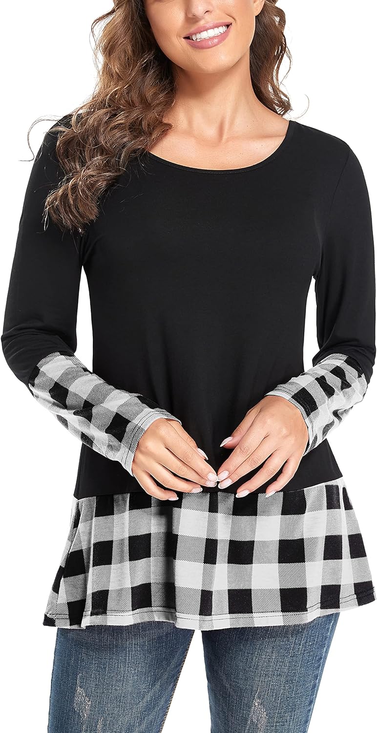 Miusey Fall Tunics to Wear with Leggings Women long Sleeve V Neck Shirt Flowy Pleated Tops Black White-1 Small
