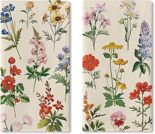 Wildflower - Juego de 2 paños de cocina con diseño floral vintage, plantas botánicas, secado de manos, paño de cocina para hornear, retro, primavera