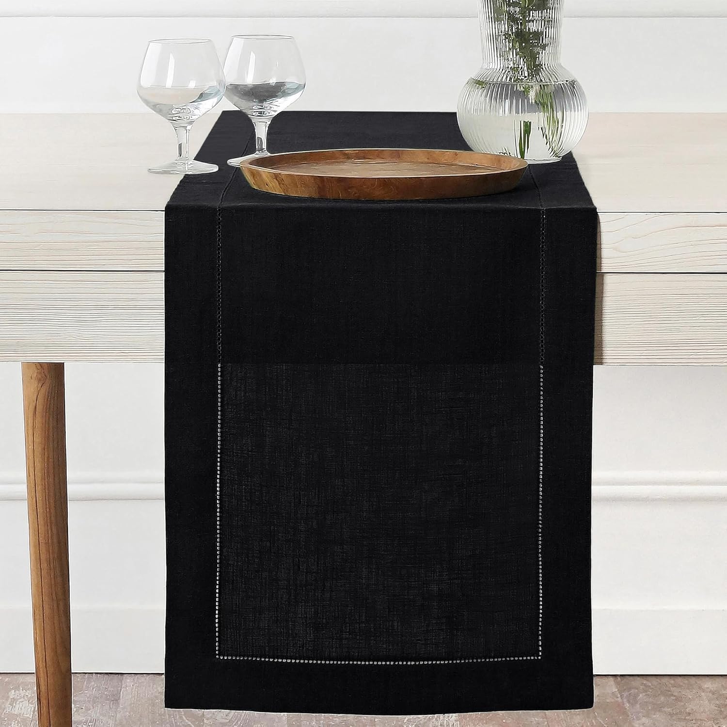D'Moksha Homes Linen Black Table Runner 90 Inches Long - Classic Hemstitch 100% Pure Linen Dining Table Runner 14 x 90 Inch for Spring, Easter