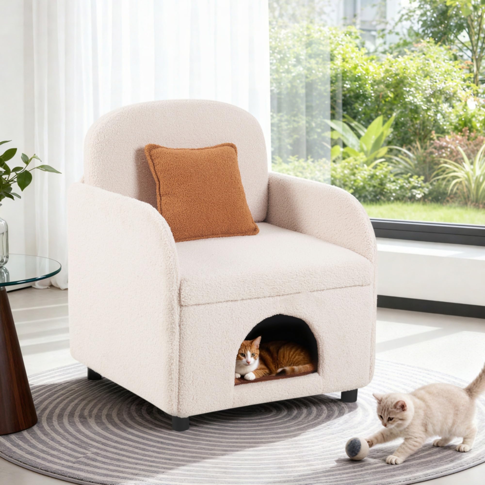 Modern Cream Pet-Friendly Armchair with Hidden Cat Bed – Sherpa Accent Chair with Soft Cushion &amp; Removable Base, Single-Seat Living Room Sofa Chair
