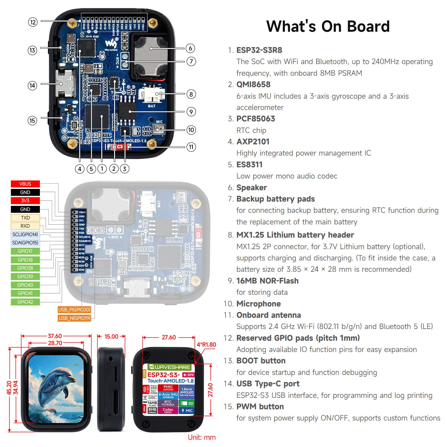 Waveshare ESP32-S3 1.8inch AMOLED Touch Display Development Board, 32-Bit LX7 Dual-Core Processor, 368x448, Accelerometer&Gyroscope Sensor, ESP32 With Display, Support 3.7V Li Battery(NOT Included)