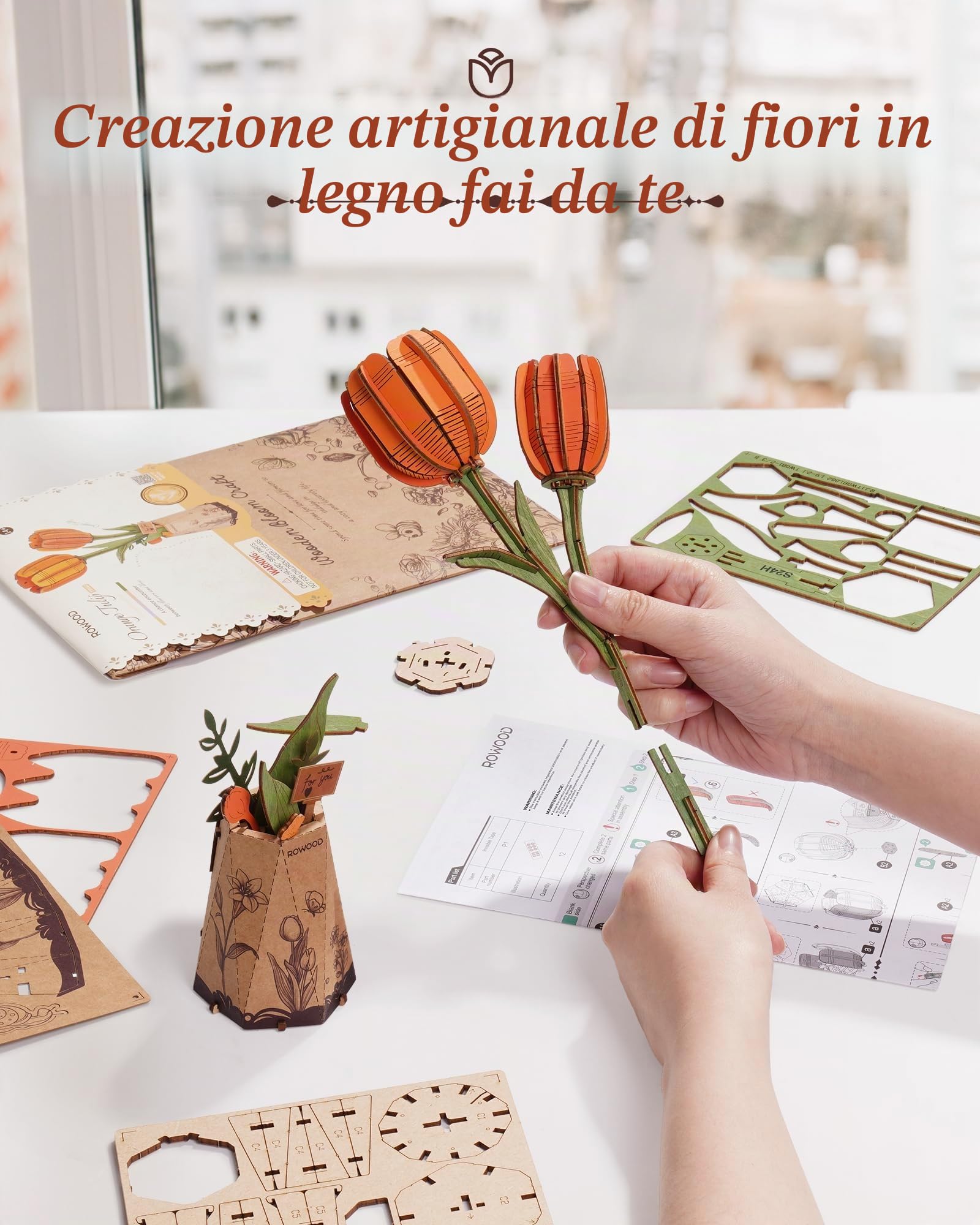 ROWOOD Puzzle in 3D con motivo tulipano, fiore fai da te in legno, kit di modellismo per fiori artificiali, da assemblare, per adulti, splendida decorazione per la casa e regalo per San Valentino