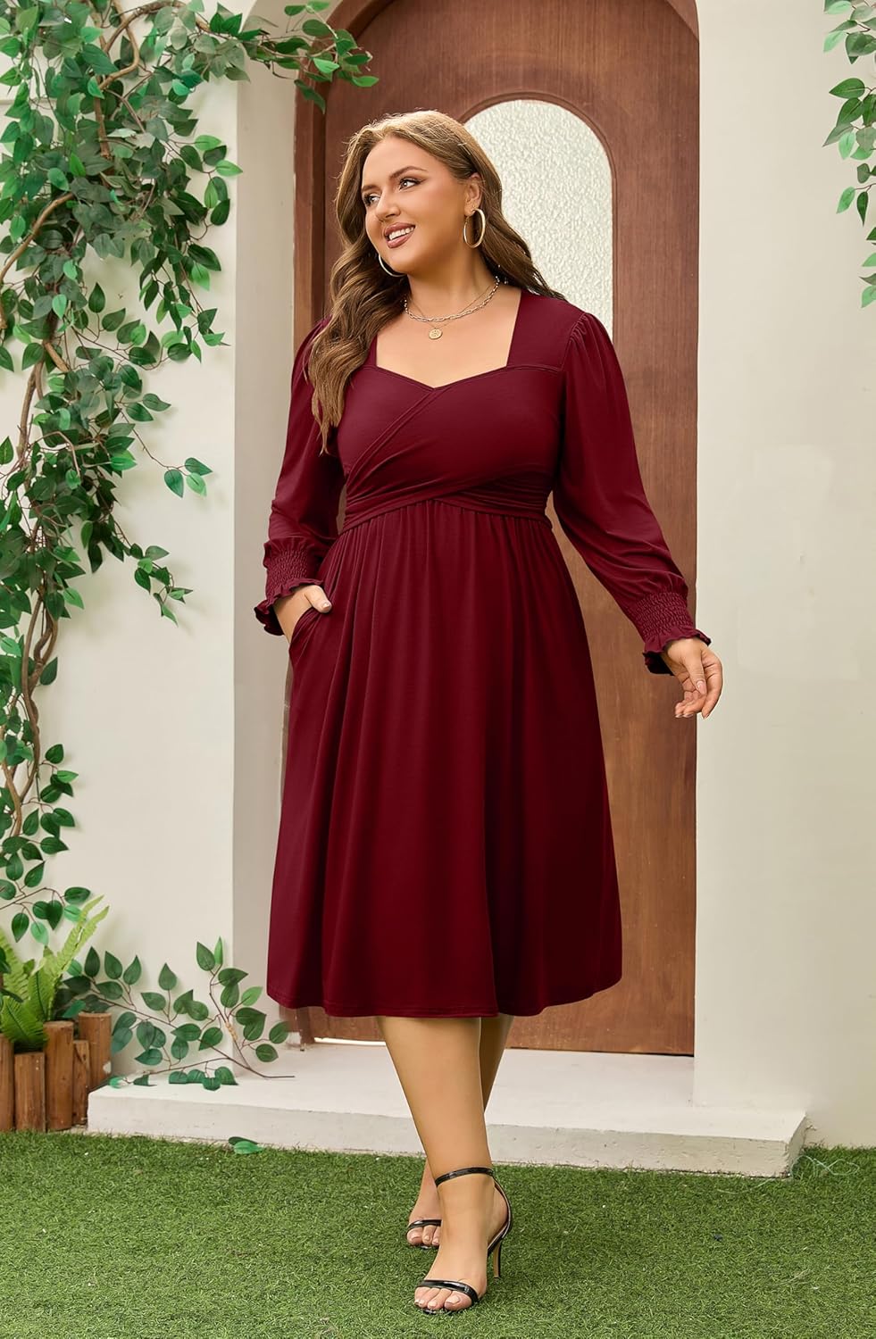 AMCLOS Women's Plus Size Casual Dress 2 Pockets Square Neck Back-Tie Crosswrap Bodice Elegant Work Business Long Sleeve - Image 4