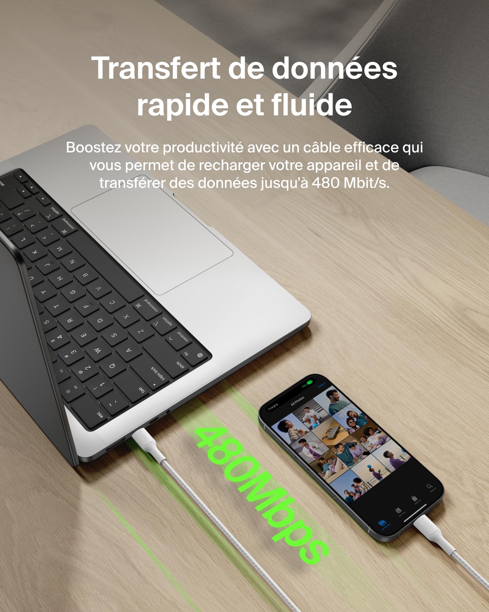 Belkin Eco Câble USB-C vers USB-C avec gaine tressée, 3 m, 240 W, doux au toucher, souple, Câble de recharge rapide, pour iPhone 16, Galaxy S25, Pixel 9, MacBook, iPad Pro, etc. - Blanc (USB 2.0)