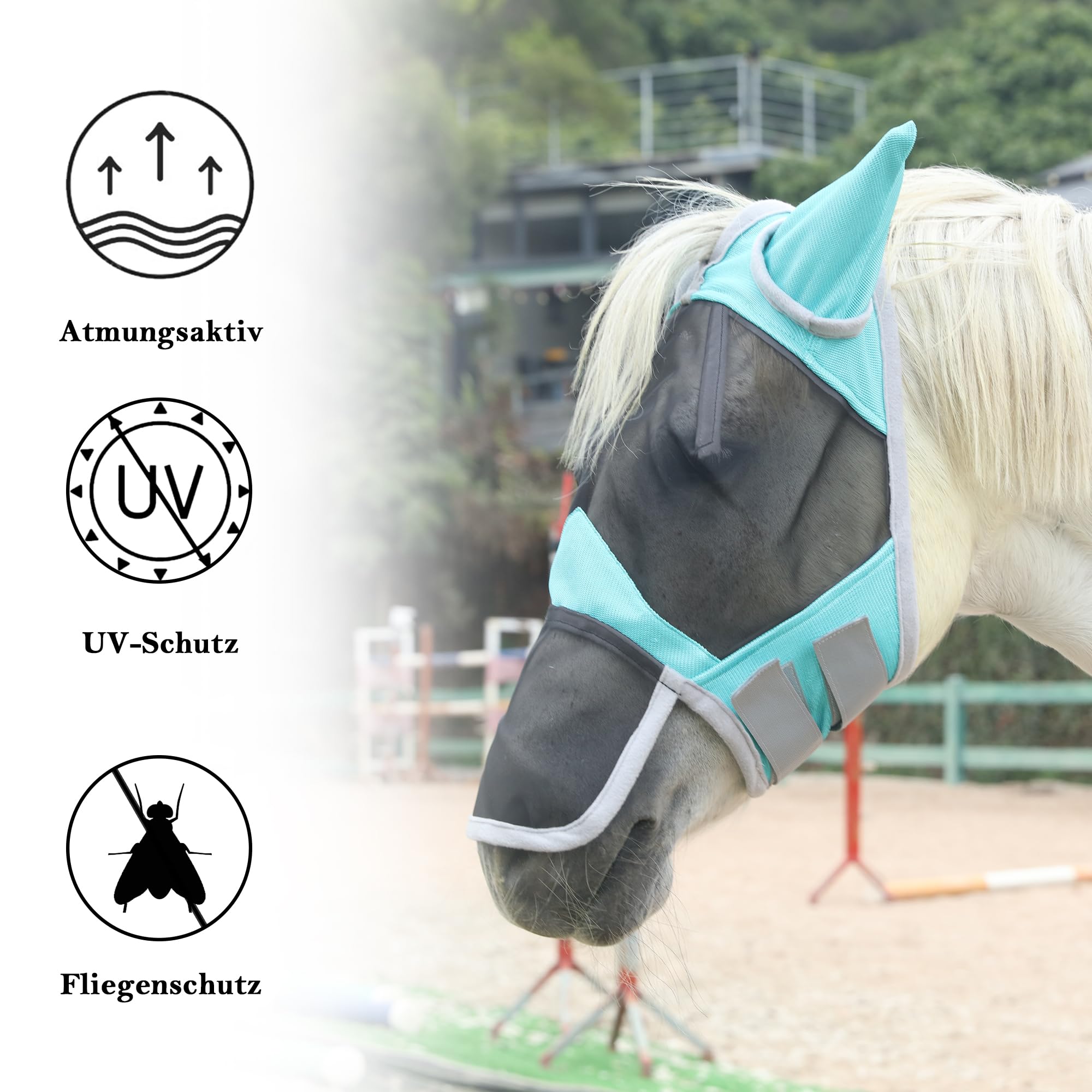 Fliegenmaske Pferd mit Nasen- & Ohrenschutz, UV-Schutz, Atmungsaktives Mesh, Reißfest, Weich Gepolstert, Verstellbar mit Klettverschluss Hellgrün Pony