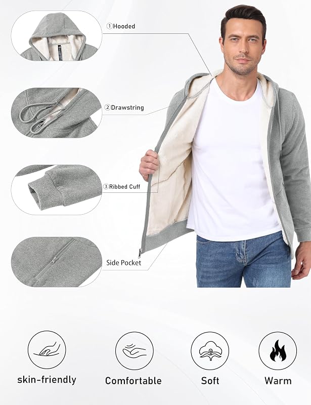 MoFiz Mens Fleece Sherpa Lined Full-Zip Hoodies Sweatshirt (Light Grey, L) image 5