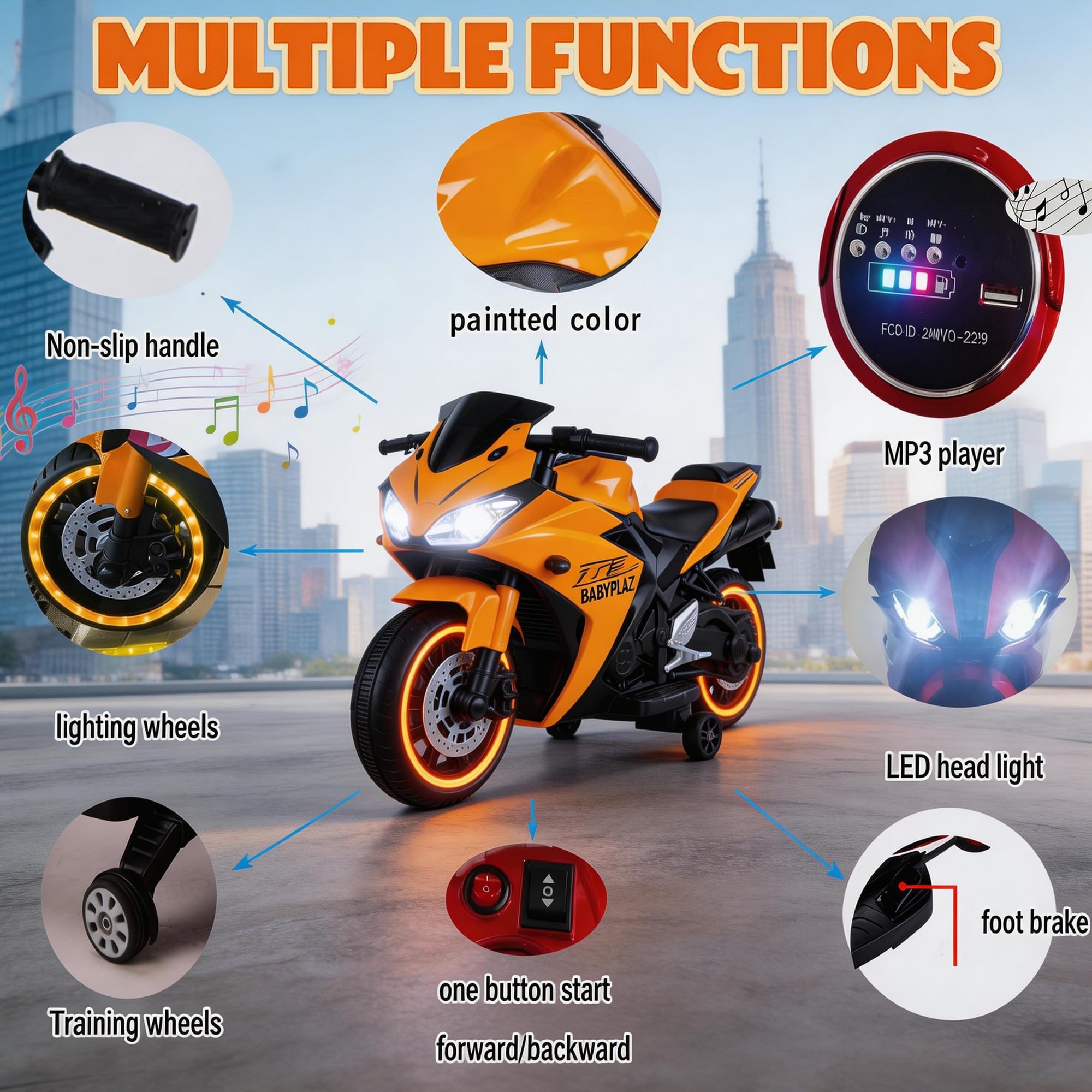 Moto elettrica per bambini, moto elettrica da 12 V, acceleratore manuale, mozzo ruota LED, funzione musicale, adatta per equitazione all'aperto, età 3-6 anni (arancione + plastica + 22,7-45 kg)