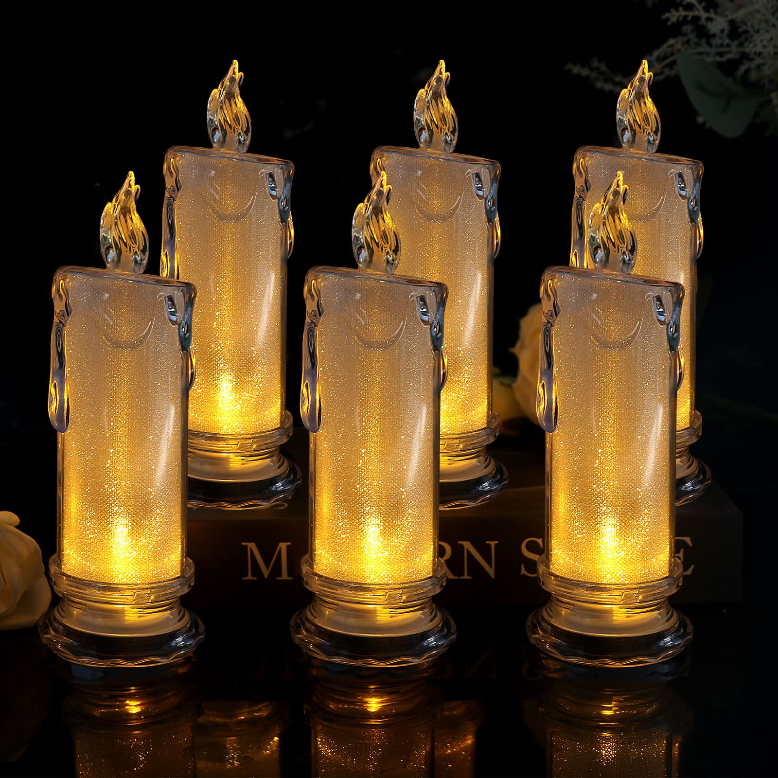 LACGO6 PCS LED Flameless Pillar Candles - Silver Glitter Decorative Candles Battery Operated Yellow Lights for Wedding Birthday Party Christmas Home Decor