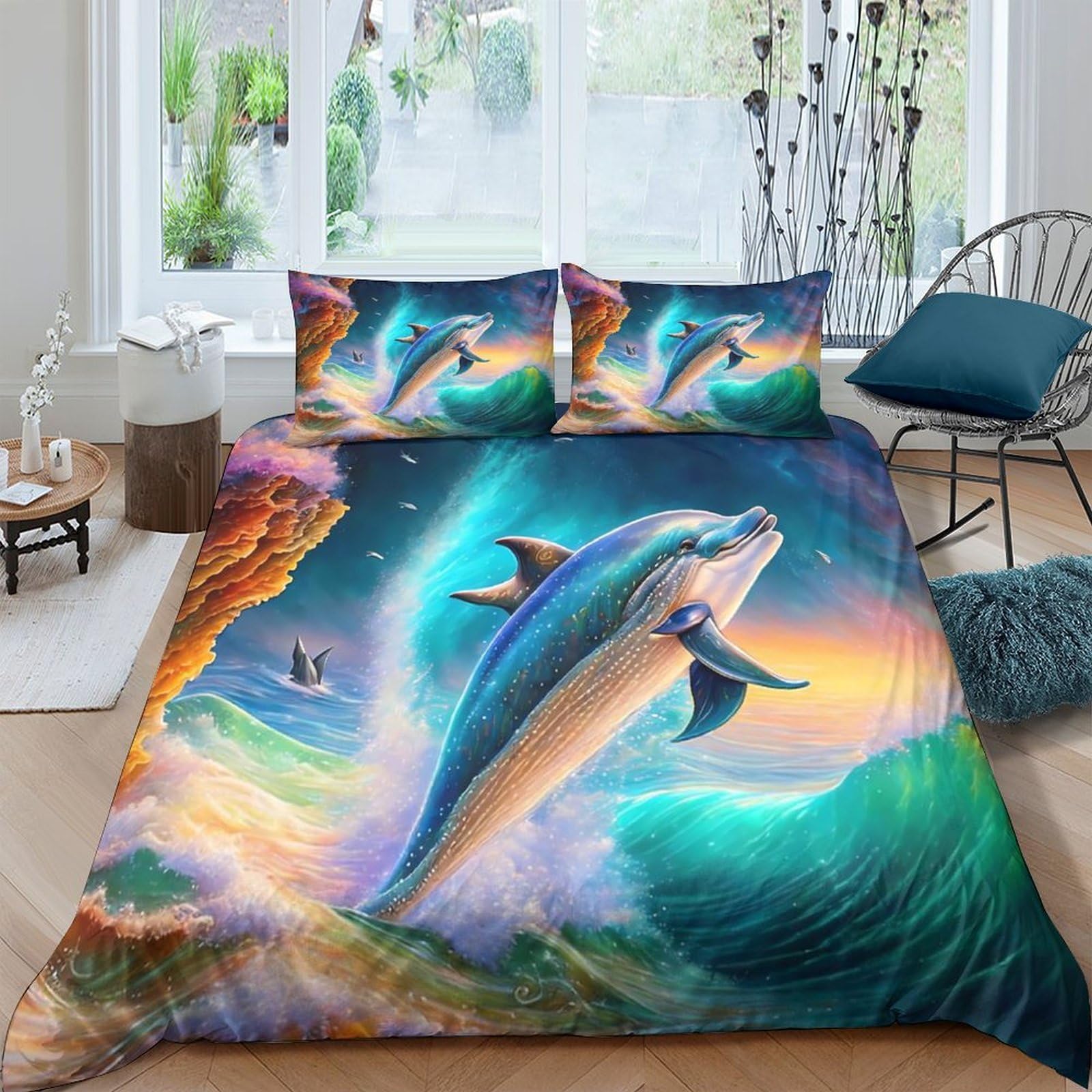 Ctjqhvkz Style-6 3D Printed Ocean Dolphin Fitted Sheet Microfiber Soft Breathable Sunset Wave Mattress Cover For Bedroom Decor Single（135X200cm）