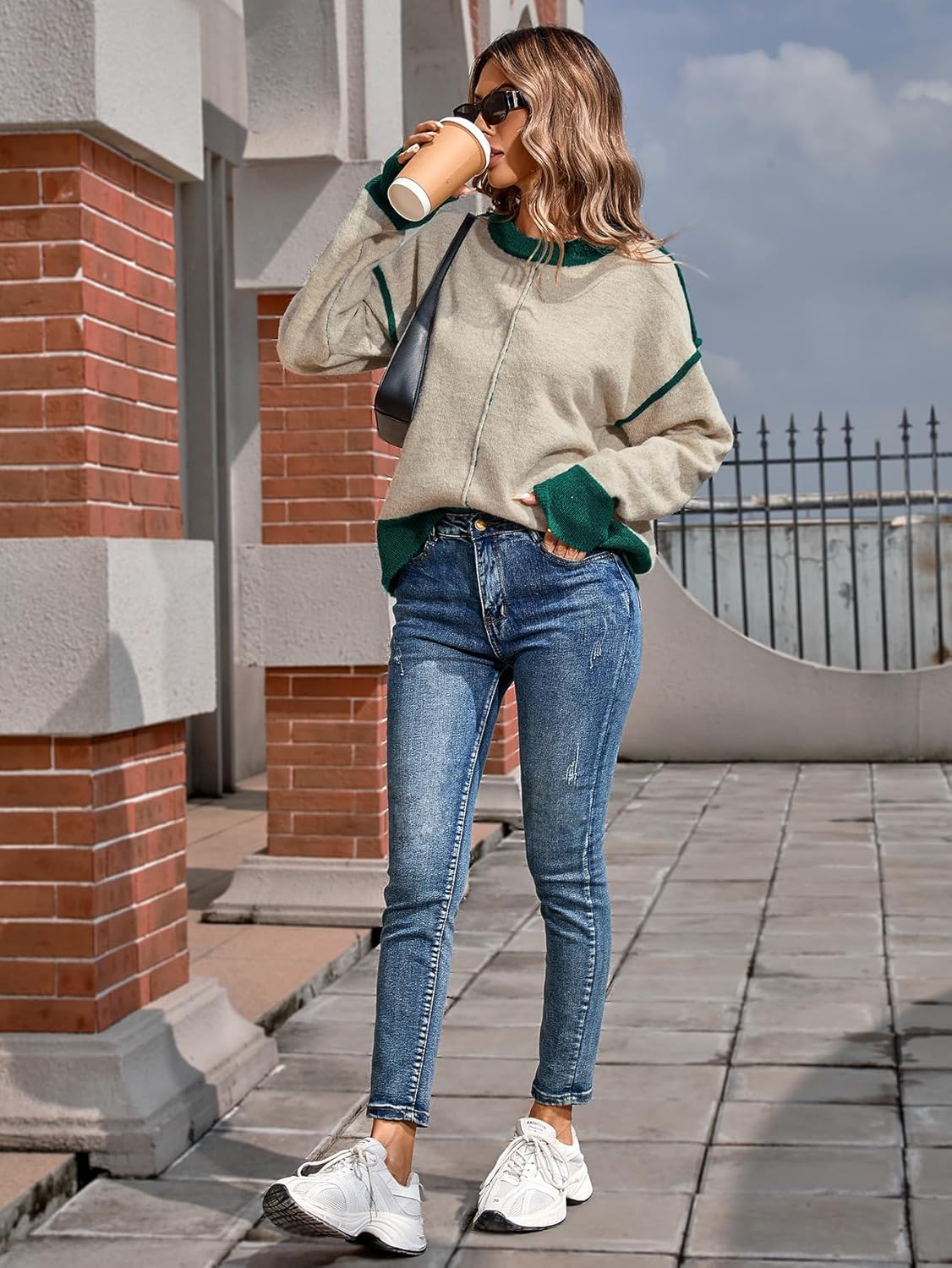 SunnyMelody Womens Oversized Cute Color Block Crew Neck Sweater 2025 Winter Long Sleeve Trendy Ribbed Knit Pullover Sweaters - Image 6