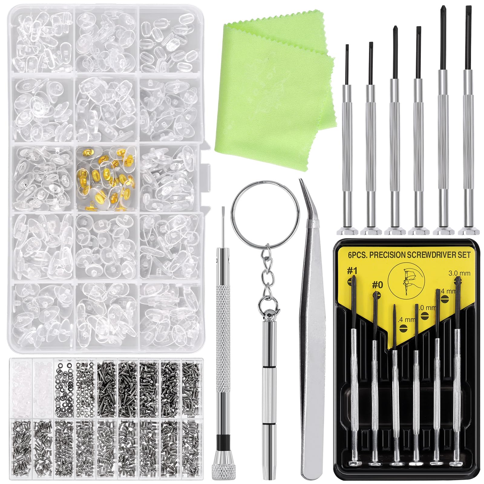 Glarks 1310Pcs Eyeglass Repair Kit Including 1000Pcs Glasses Screws, 300Pcs Nose Pads Kit, 6Pcs Screwdrivers, Tweezers