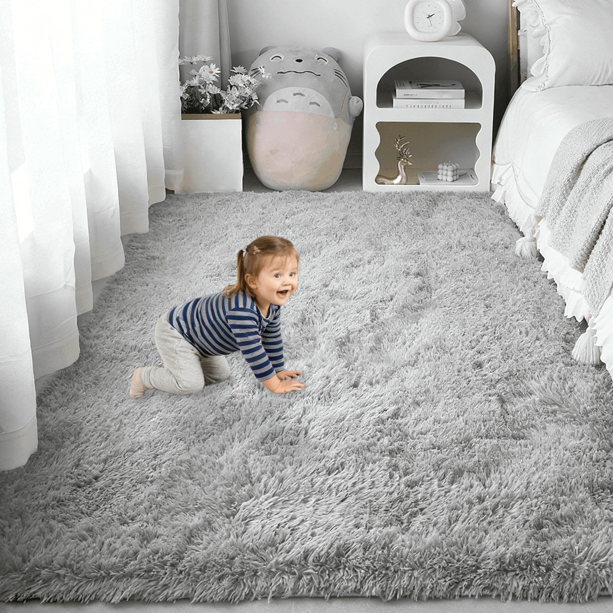 Tapis à poils longs 150x340 cm moderne gris clair pour chambre à coucher et salon