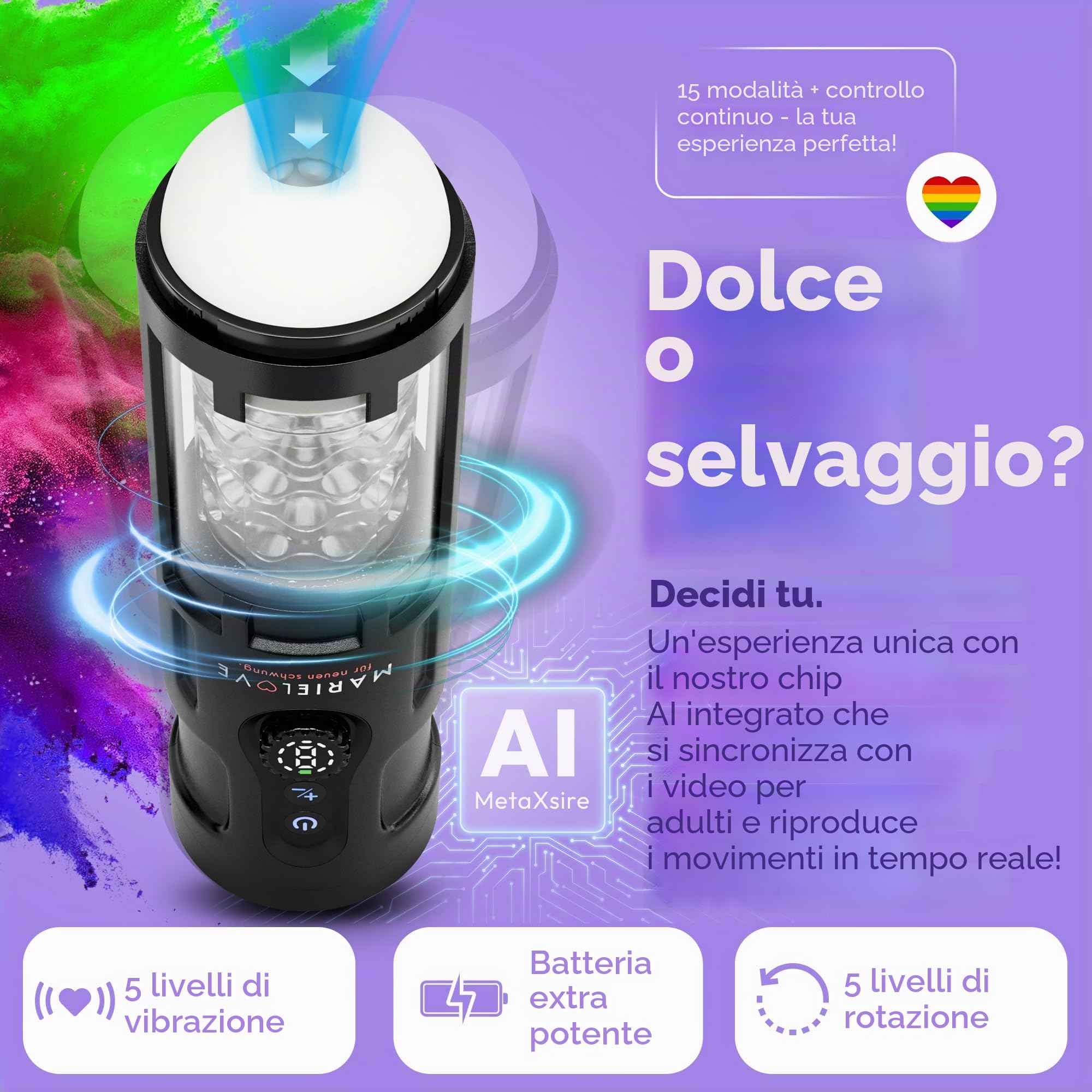 Marielove, masturbatore elettrico per uomini, simulatore di pompini con funzione di aspirazione e vibrazione, 5 modalità e movimento telescopico, giocattolo sessuale reale con rotazione e funzione