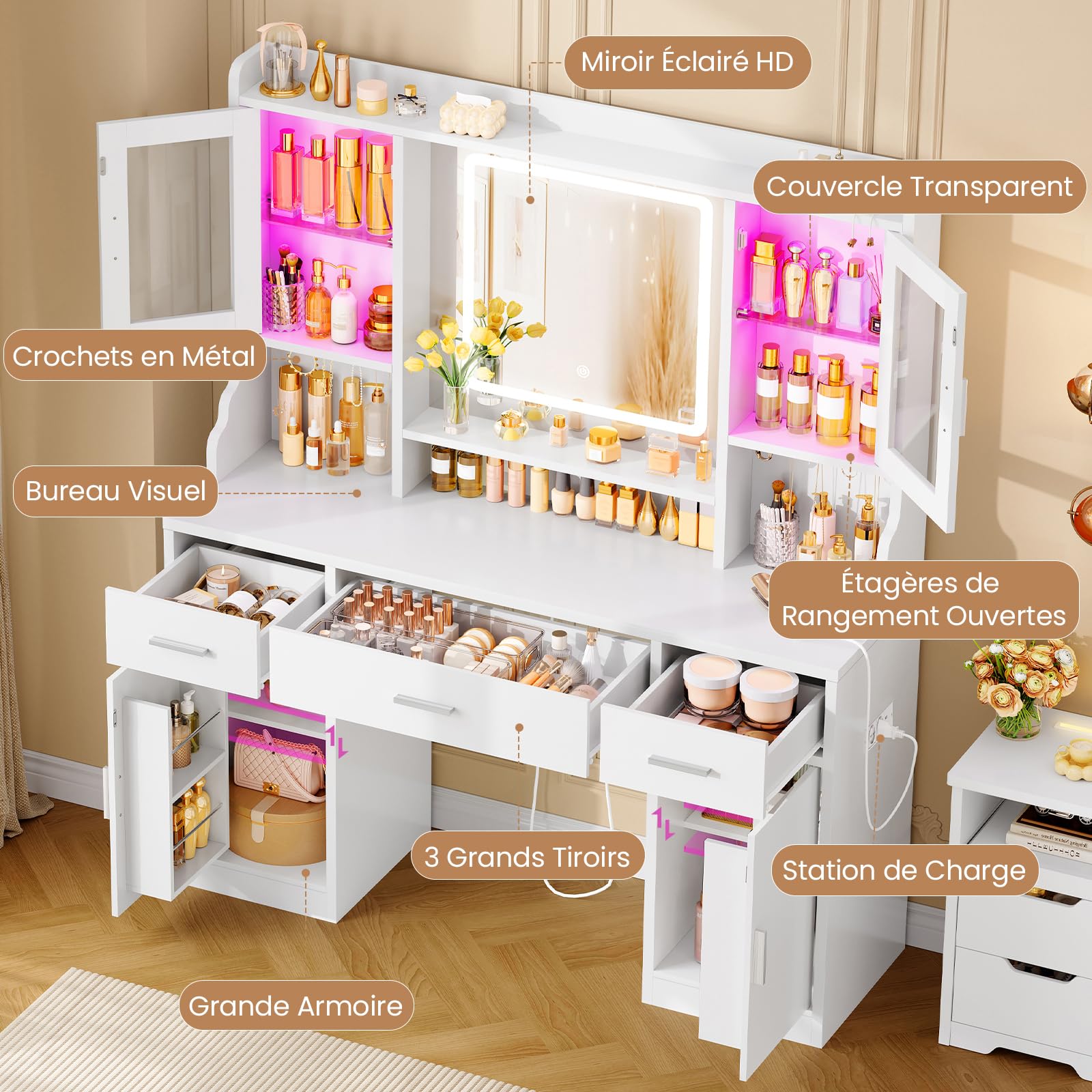 TEENFON Coiffeuse avec Miroir LED et RGB – Coiffeuse avec luminosité réglable, Table de Maquillage avec 3 tiroirs, 4 Portes, 5 Crochets à Bijoux et Prise – pour Chambre Moderne, Blanc