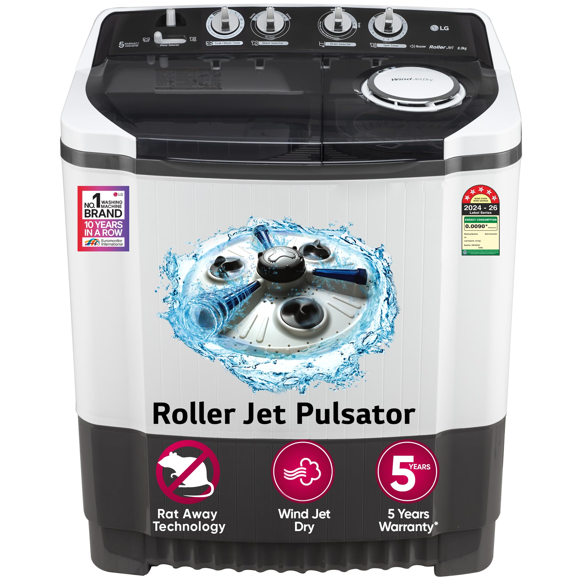 lg 8 kg, 5 star, roller jet pulsator, semi-automatic top loading washing machine (p8015sgaz, dark gray, better wash with effective scrubbing, wind jet dry, rat away feature, 5 year motor warranty)