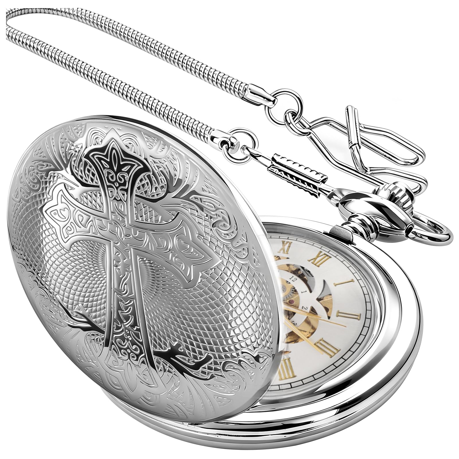 Automatic Pocket Watch Mechanical Pocket Watches Cross Pattern with Chain Christmas Graduation Birthday Gifts Father's Day-image-15