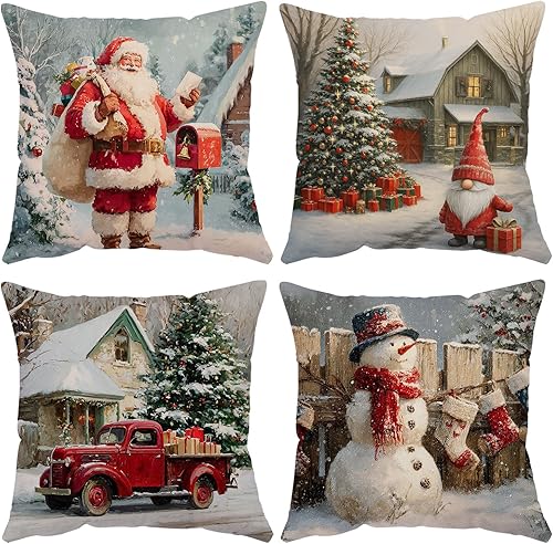 Miniatura 10 de YeeJu Juego de 4 fundas de almohada decorativas de Navidad, fundas de almohada de terciopelo, fundas de almohada de Navidad, rojo y verde, fundas de