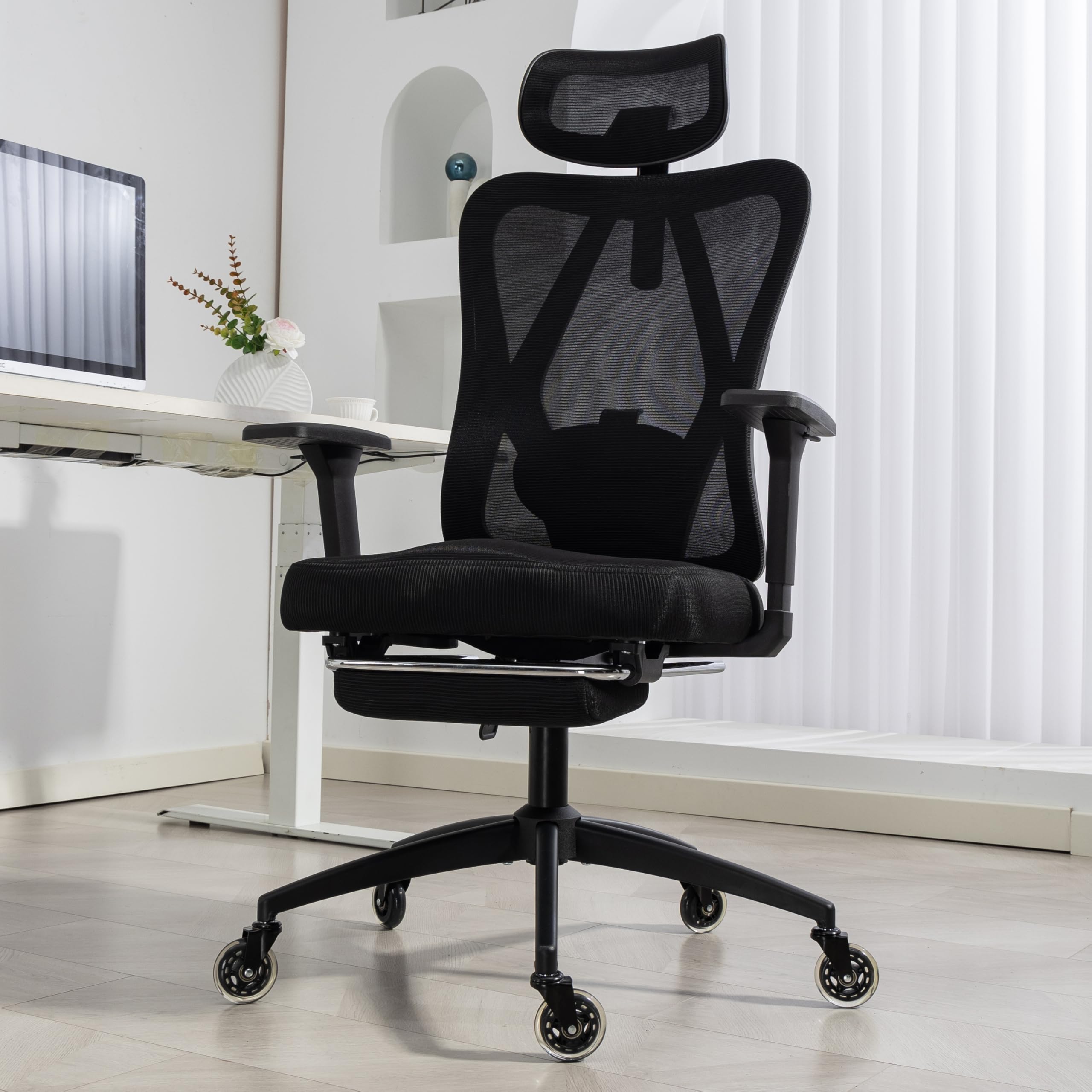 Bürostuhl Schreibtischstuhl | verstellbare Armlehnen & Kopfteil | 6 Modelle | Ergonomisch | stufenlos verstellbare Lendenstütze | inkl. 2 Rollensets | bis 150kg | BackPro Polster-Schwarz
