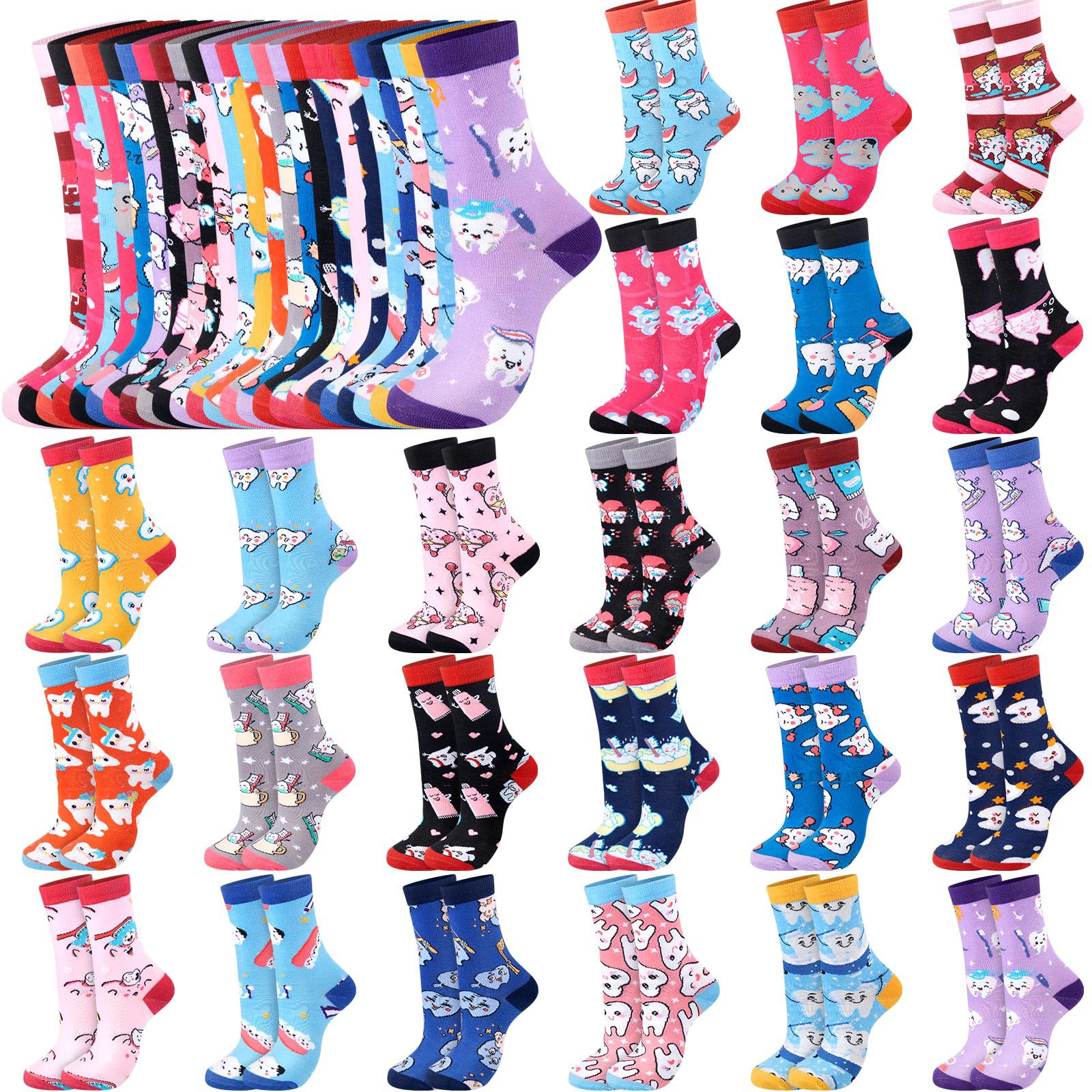 Xaatren 24 Paar Zahnarztsocken, niedlich, lustig, Zahnarzt-Assistent, Wintergeschenke, Zahnmuster, Crew, Neuheit, Zahnarzt, Hygiene-Geschenke für Frauen, Krankenschwestern, Größen 39 bis 47,